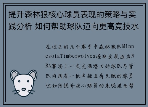 提升森林狼核心球员表现的策略与实践分析 如何帮助球队迈向更高竞技水平 提升森林狼核心球员表现的策略与实践分析 如何帮助球队迈向更高竞技水平