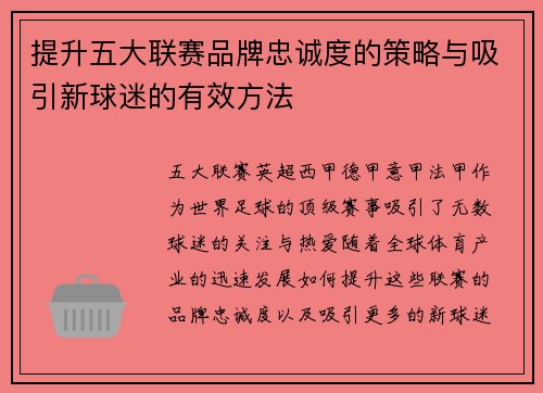 提升五大联赛品牌忠诚度的策略与吸引新球迷的有效方法 提升五大联赛品牌忠诚度的策略与吸引新球迷的有效方法