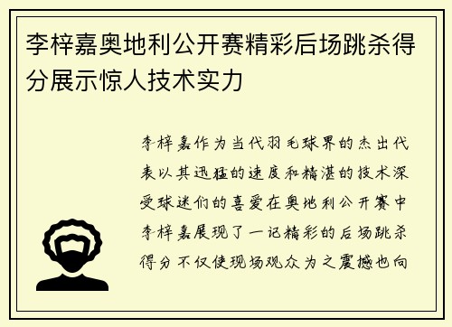 李梓嘉奥地利公开赛精彩后场跳杀得分展示惊人技术实力 李梓嘉奥地利公开赛精彩后场跳杀得分展示惊人技术实力