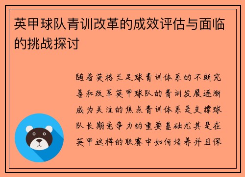 英甲球队青训改革的成效评估与面临的挑战探讨