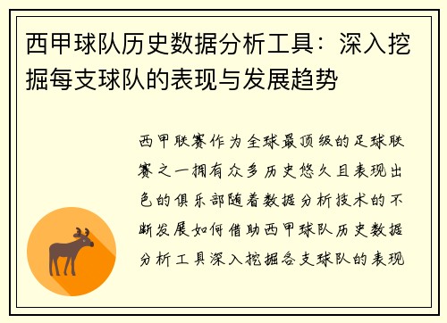 西甲球队历史数据分析工具：深入挖掘每支球队的表现与发展趋势